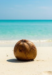 Brown Coconut on Sandy Beach with Turquoise Ocean