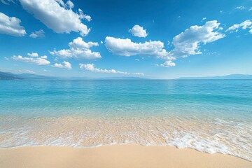 Fototapeta premium Serene sandy beach with blue waves under a bright sky.