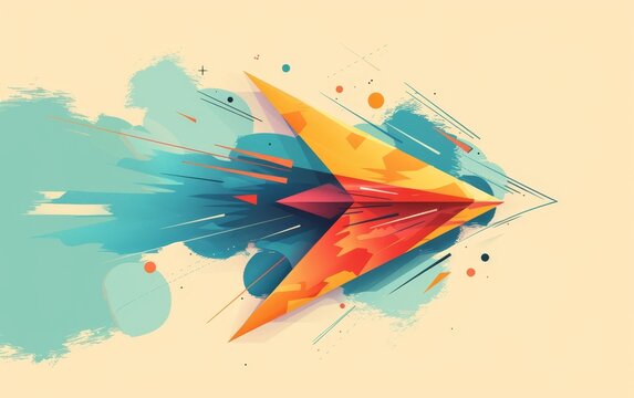 Abstract colorful paper airplane with dynamic paint splashes and geometric shapes on a light background.