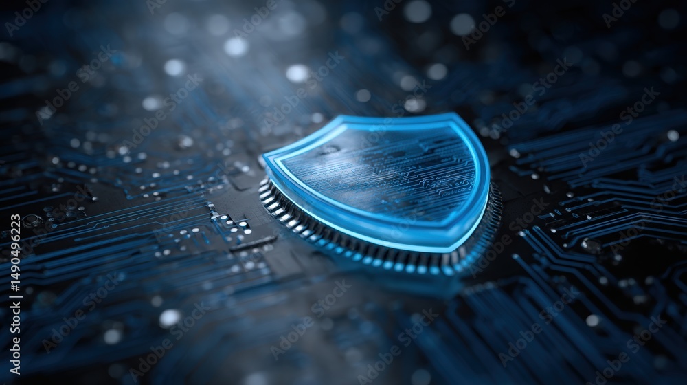 Poster a glowing digital shield represents cybersecurity on a dark computer circuit board background.
