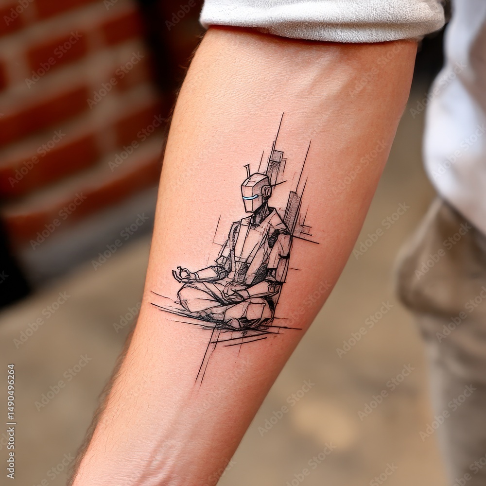 Poster meditative robot tattoo: arm ink featuring a geometric robot in lotus position with cityscape elemen