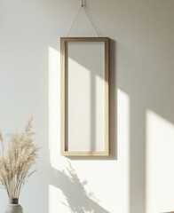 Empty Wooden Frame On White Wall With Sunlight And Dried Flowers