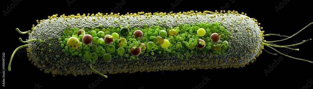 Poster a microscopic view of a single bacterium showing its internal and external structures in detail.