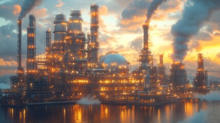 Naklejka premium Illuminated Refinery at Sunset: Industrial Landscape