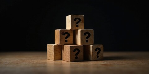 Wooden blocks forming a pyramid, each imprinted with a question mark, sit on a table against a dark background, symbolizing unanswered questions and the search for solutions.