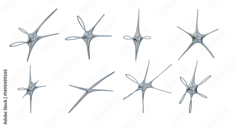 Wall mural chrome liquid abstract star loop shape. a complete collection of 8 chrome liquid abstract shapes fea