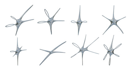 Chrome Liquid Abstract Star Loop Shape. A complete collection of 8 chrome liquid abstract shapes featuring star forms glossy metallic. Perfect for sci fi layouts 3d icons and futuristic design assets