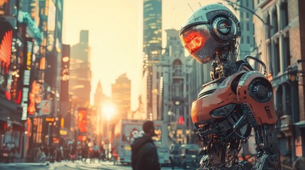 Futuristic robot in a bustling city street scene.