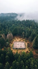 Aerial View of Massive Concrete Platform Surrounded by Misty Forest: Winter Landscape for Creative Car Advertising. Modern Architectural Marvel in Nature, Perfect for Abstract Commercial Backgrounds a