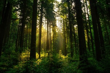 Naklejka premium Sunlight filtering through forest canopy (1)