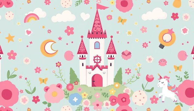 Adorable seamless pattern featuring a whimsical castle and magical unicorn amongst cute baby elements, texture, infant