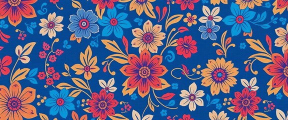 Blue floral chintz seamless pattern, Indian-inspired fabric background, repeat, textile