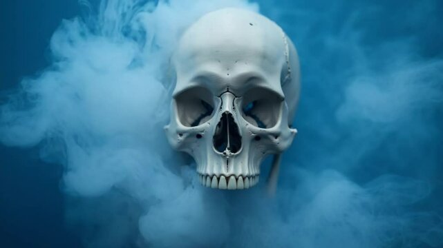 A skull in the smoke on a blue background