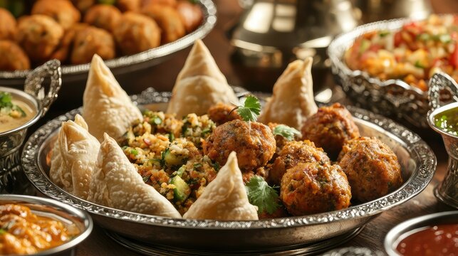 silver tray brimming with a variety of appetizers like meatballs, vegetable samosas, and mini chicken wraps, perfect for a lively celebration.