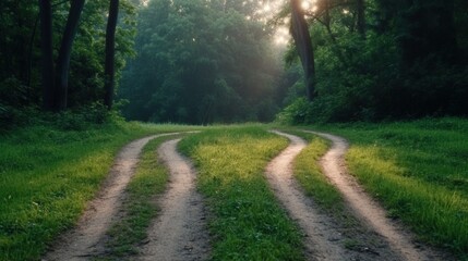 Fototapeta premium Dirt path meandering through green forest sunlight adventure