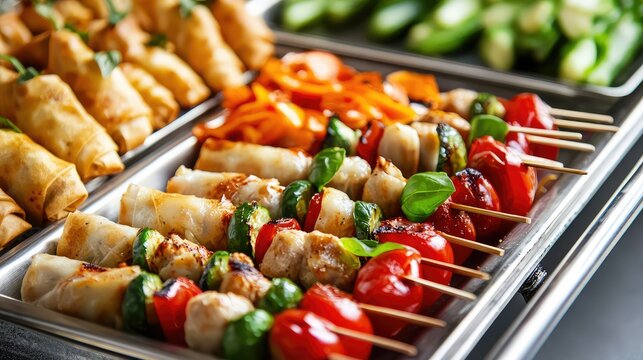silver tray filled with a colorful assortment of appetizers, including mini caprese skewers, chicken satay, and vegetable spring rolls, perfect for any party.
