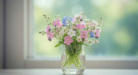 Colorful floral bouquet in glass vase on a windowsill with natural sunlight