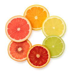 Close-up of vibrant citrus fruit slices, grapefruit, orange, lemon, lime arranged in a circle on transparent background, concept for food branding, packaging design, and healthy lifestyle