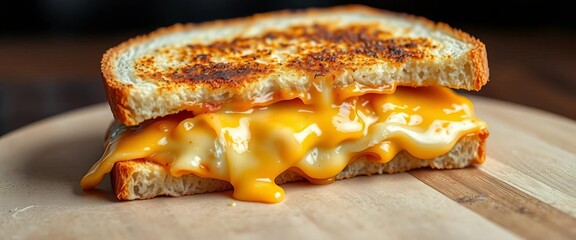 Golden-brown, crispy bread sandwich overflowing with melted cheese, melted cheese, crispy