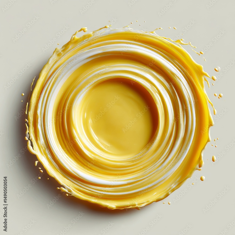 Poster swirls of yellow and white paint creating an abstract circular pattern against a neutral background