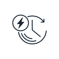 Clock with lightning, energy. Time to act. Vector linear icon illustration isolated on white background.