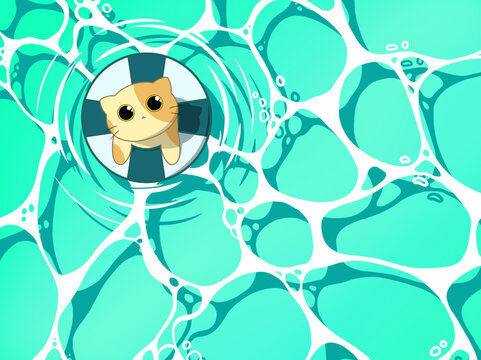 Cute Cat Floating with Lifebuoy in a Pool