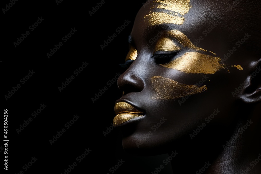Poster striking gold face art on a deep black background creating a captivating visual contrast