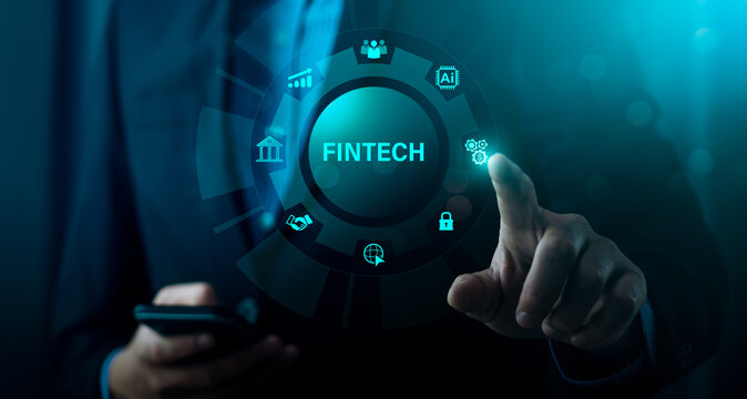 Futuristic fintech innovation interface with digital icons representing finance, AI, banking, and cybersecurity, accessed by businessman touching virtual screen in glowing blue high-tech environment