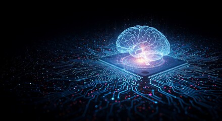 Brain Hologram Displayed on Circuit Board for Ai Concept