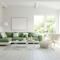 Frame mockup, ISO A paper size. Living room wall poster mockup. Interior mockup with house background. Modern interior design. 3D render 