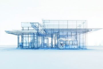 Technical schematic of a modular hydrogen refueling station in layered wireframe 3D style in the context of 3d model featuring detailed components on a white background