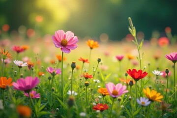 Wildflower meadow, abundant blooms, soft light, landscape, spring, background