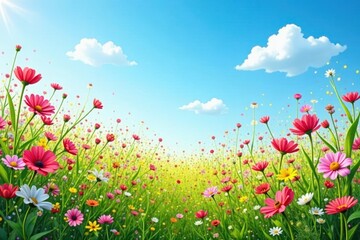 Obraz premium Wildflower profusion, clear blue sky, idyllic scene , colorful, flora