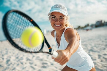 Smiling woman playing beach tennis on a sunny day.