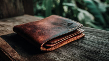 Handmade eco-friendly leather wallet placed on a rustic wood table with natural light, greenery in the background.
