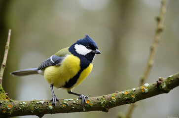 Fototapeta premium Great tit perched on a tree branch with a blurred background.