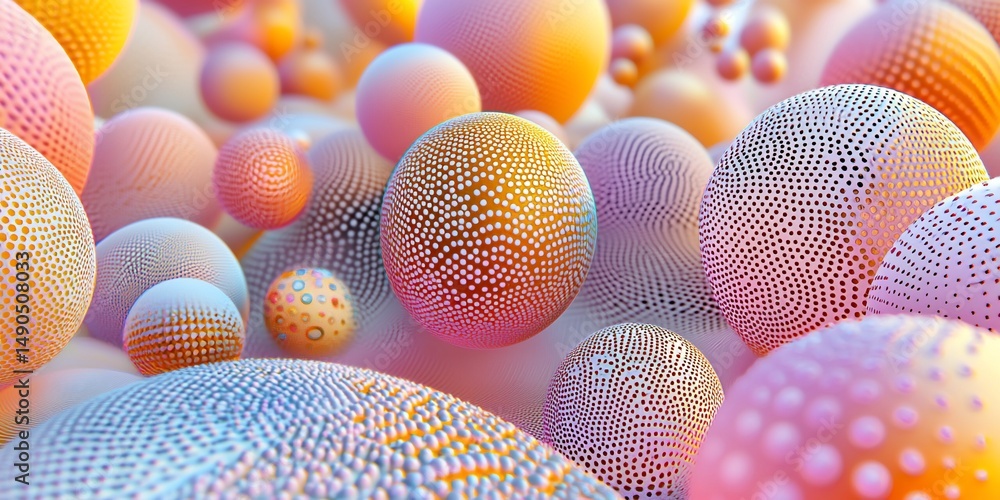 Poster abstract composition of spherical forms with intricate surface textures and delicate hues