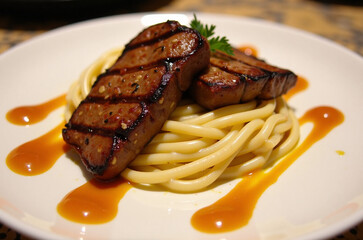 White plate topped with a generous portion of spaghetti and a succulent piece of meat covered in a rich, brown sauce.