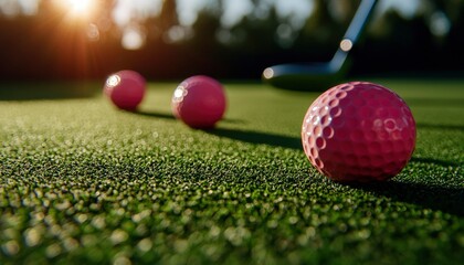Naklejka premium Pink golf balls on a green