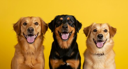 Fototapeta premium Three dogs, smiling, yellow background