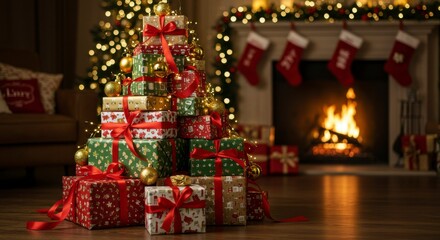 Christmas presents by fireplace