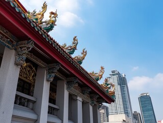 Naklejka premium Traditional architecture meets modern skyscrapers urban landscape juxtaposition