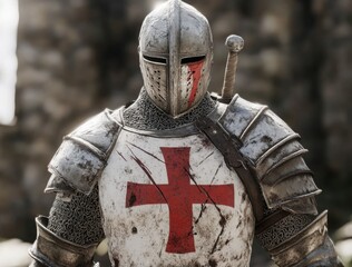 Fototapeta premium Medieval Warrior In Damaged Armor With Bloodstains