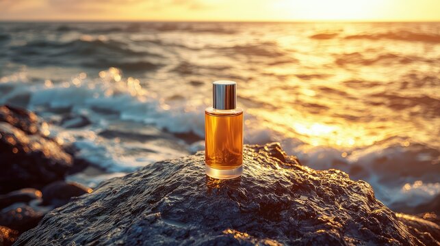skincare lotion bottle on a rough rock, with the ocean&acirc;&euro;&trade;s rhythmic waves and the golden sunset in the background enhancing the soothing effect of the product.