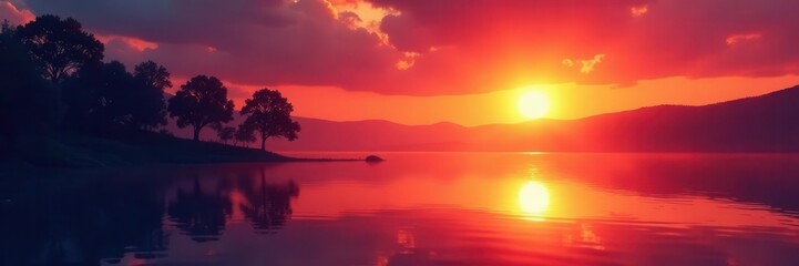 Silhouetted trees against a blazing sunset over still lake, sunset, trees, scenery