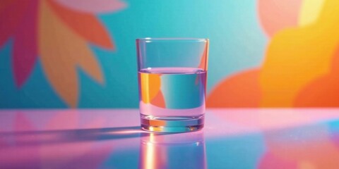 A Glass Half Full of Water Against a Vibrant Abstract Background Showing a Reflective Surface