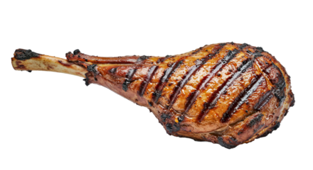 Juicy grilled lamb leg with bone, seared to perfection, showing char marks, isolated on white transparent background