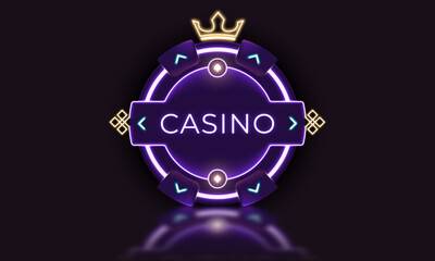 Neon casino chip with glowing elements, crown, and central text, ideal for UI components, gambling illustrations, or luxury poker-themed branding