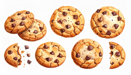 Chocolate chip cookie set with whole and broken pieces, watercolor illustration with warm and inviting look, perfect for bakery or dessert themes
