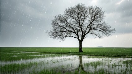 Serene Landscape with Lonely Tree Under Dark Rainy Clouds and Reflections in Water, Capturing Nature's Beauty and Mood in a Tranquil Setting
